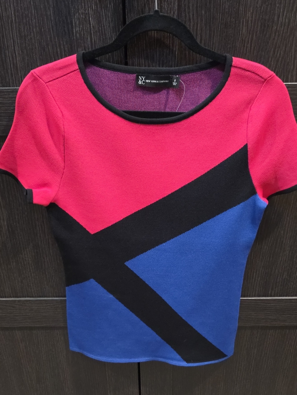 New York & Company Pink, Blue & Black Short Sleeve Colorblock Top